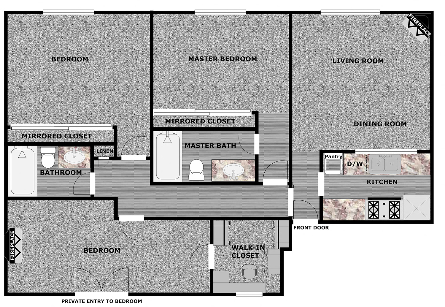 Floor plan for 3 beds, 2 baths, 1352 sqft